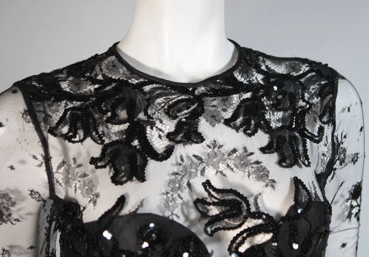 VICKY TIEL Black Lace Cocktail Dress with Draped Jersey Skirt Size Small