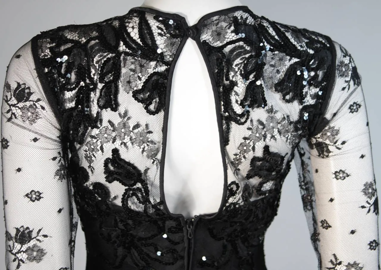 VICKY TIEL Black Lace Cocktail Dress with Draped Jersey Skirt Size Small