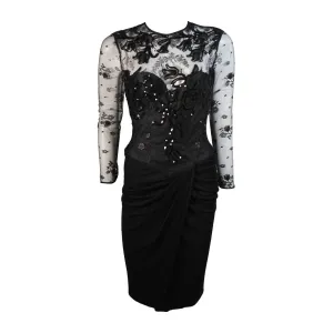 VICKY TIEL Black Lace Cocktail Dress with Draped Jersey Skirt Size Small