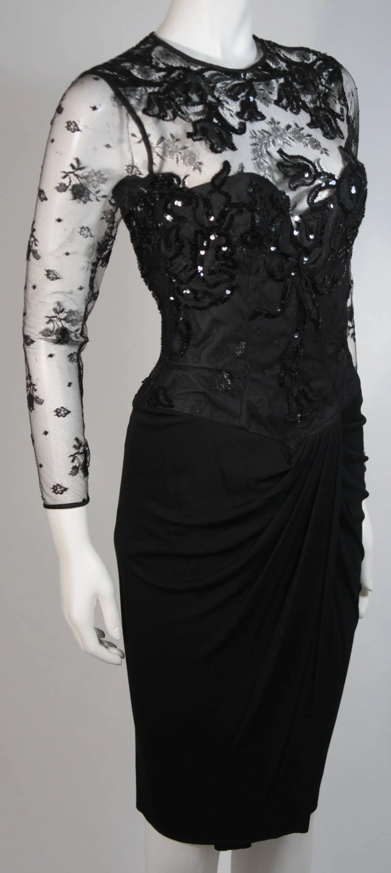 VICKY TIEL Black Lace Cocktail Dress with Draped Jersey Skirt Size Small