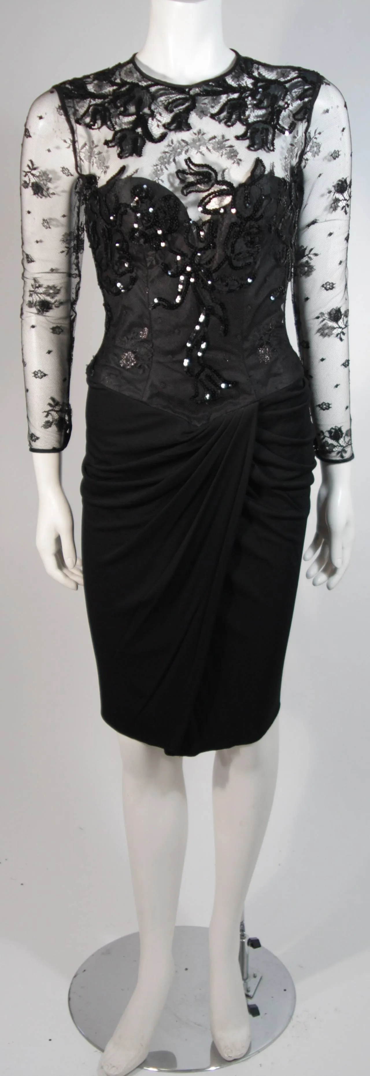 VICKY TIEL Black Lace Cocktail Dress with Draped Jersey Skirt Size Small
