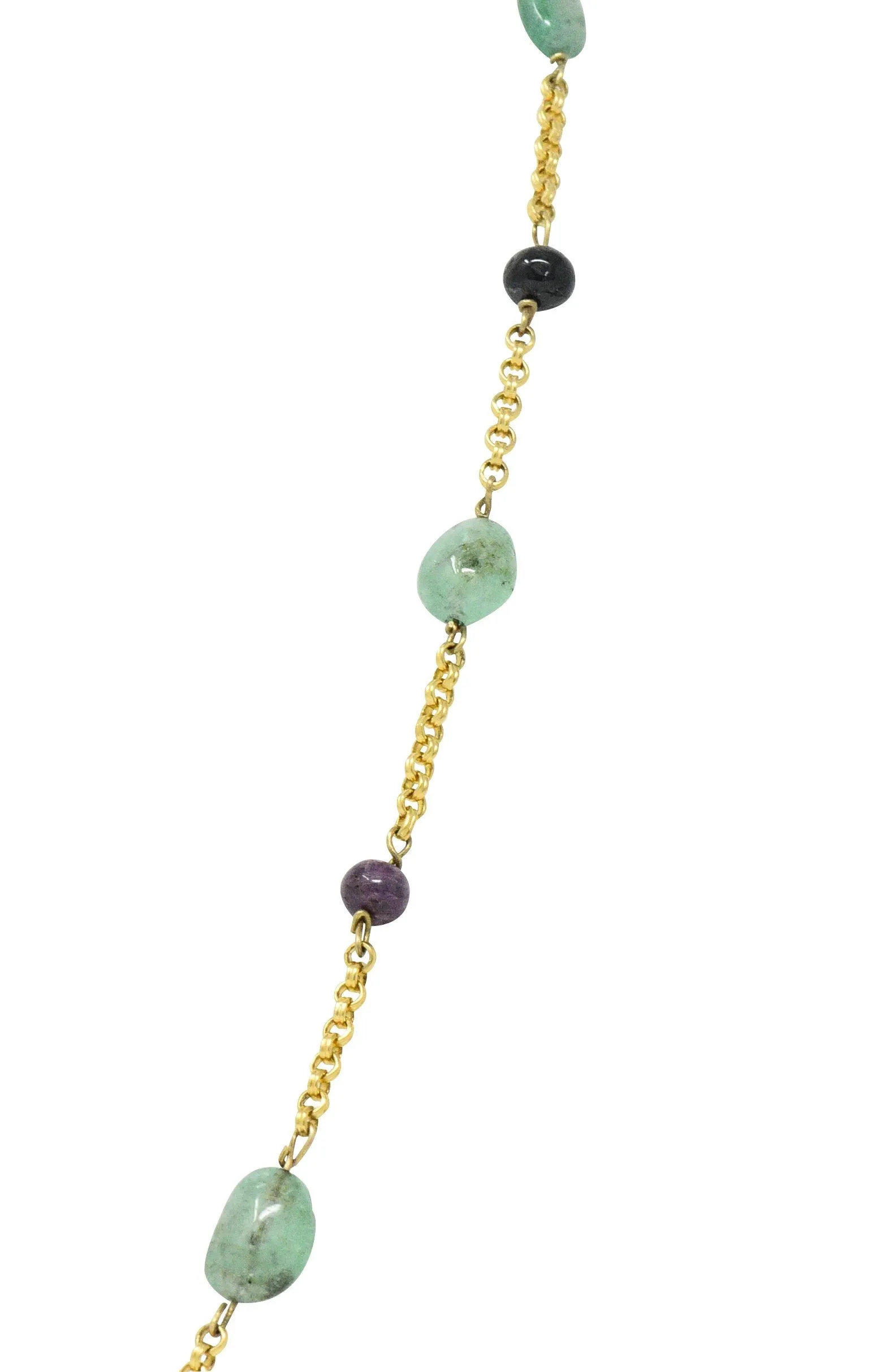 Victorian Emerald Sapphire Ruby 14 Karat Gold 27 Inch Station Necklace