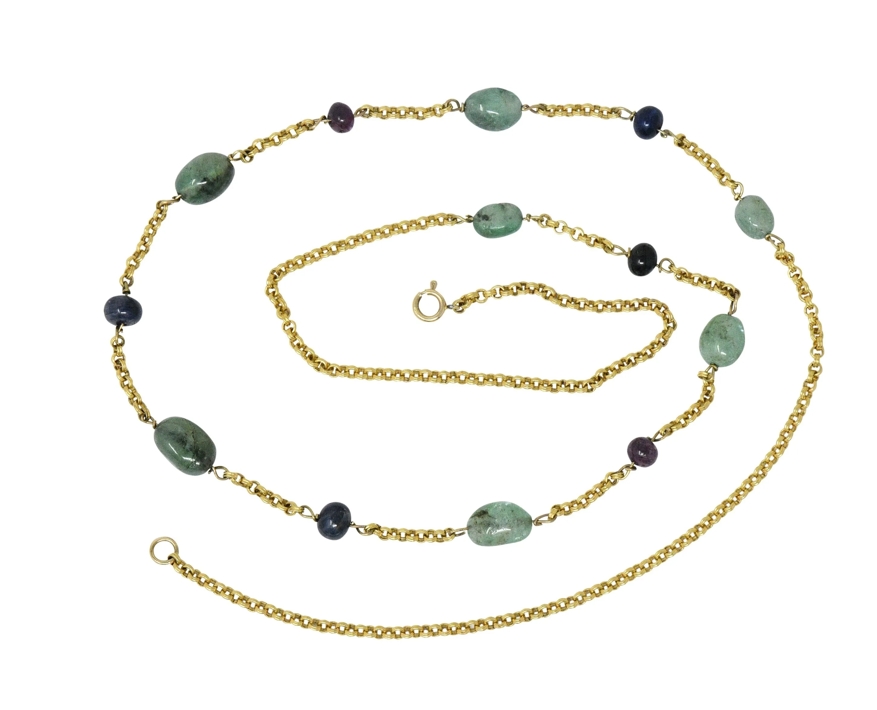 Victorian Emerald Sapphire Ruby 14 Karat Gold 27 Inch Station Necklace
