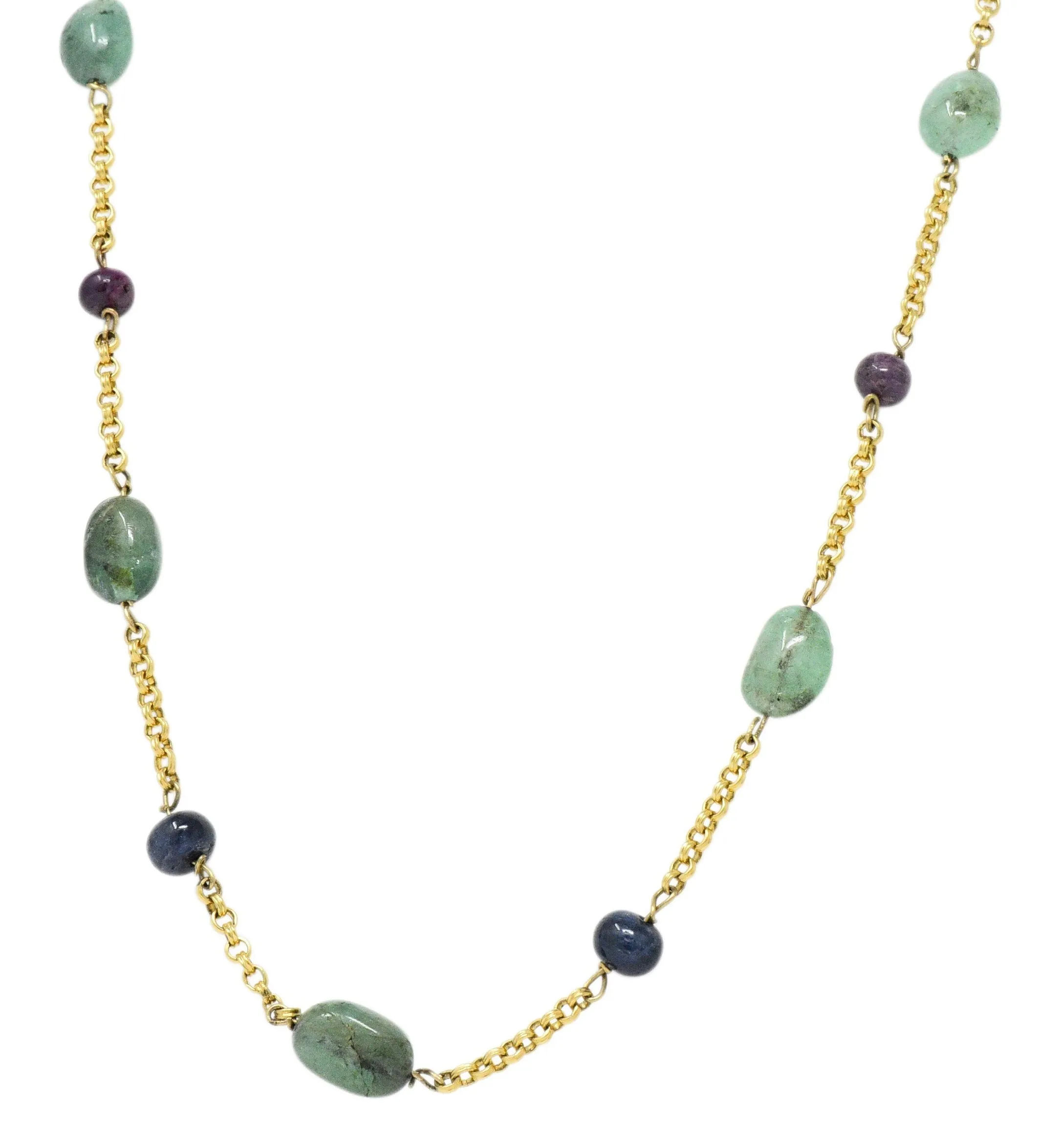 Victorian Emerald Sapphire Ruby 14 Karat Gold 27 Inch Station Necklace