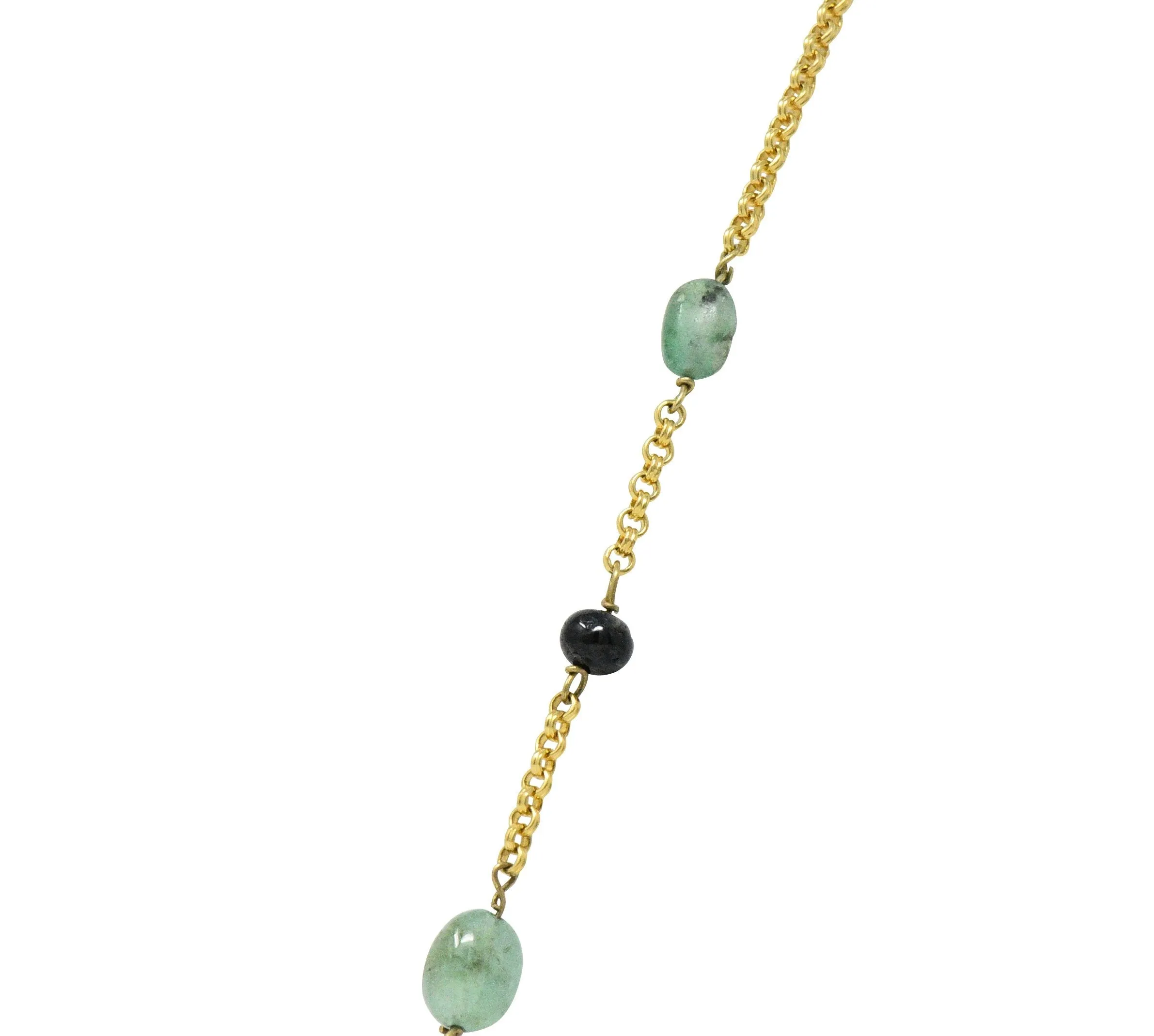 Victorian Emerald Sapphire Ruby 14 Karat Gold 27 Inch Station Necklace