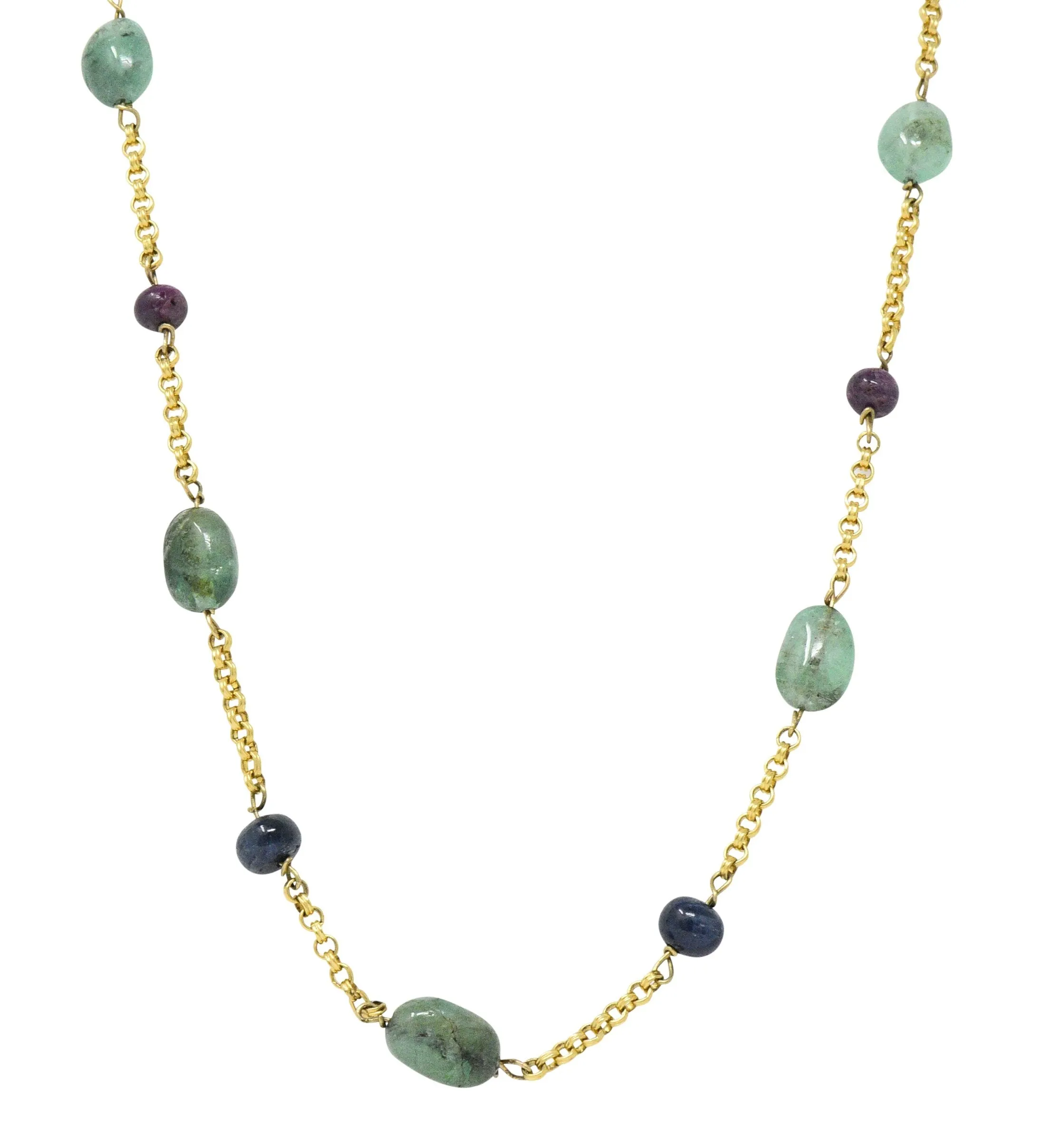 Victorian Emerald Sapphire Ruby 14 Karat Gold 27 Inch Station Necklace