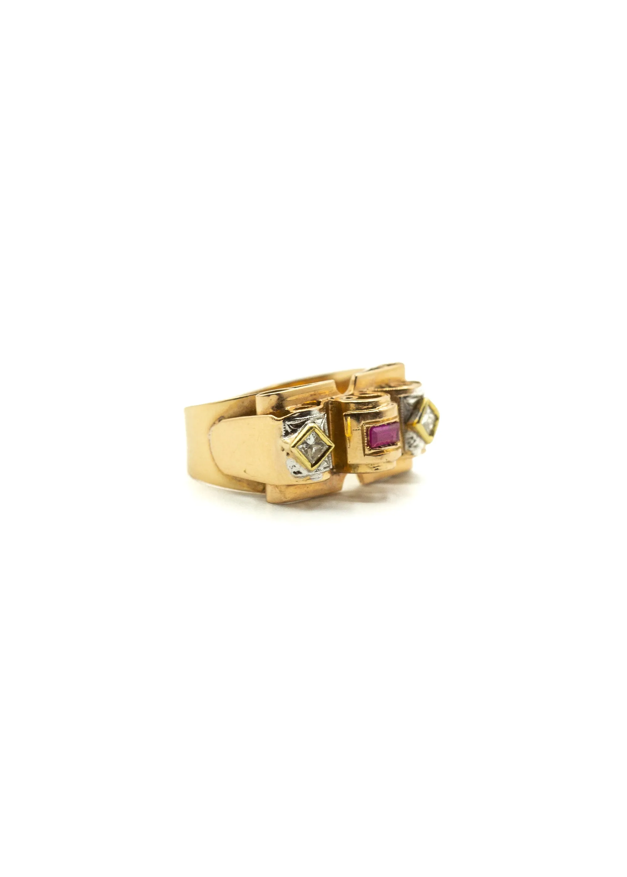 Vintage 1940's Retro 18k Gold, Ruby and Diamond Ring