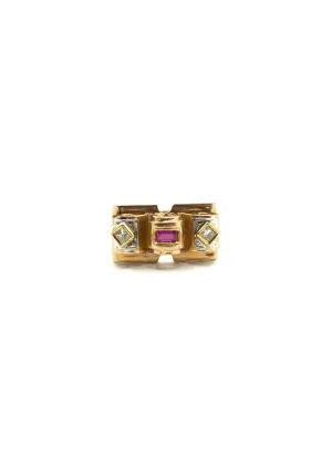 Vintage 1940's Retro 18k Gold, Ruby and Diamond Ring