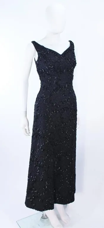 VINTAGE Circa 1960s Black Sequin Lace Gown Size 10