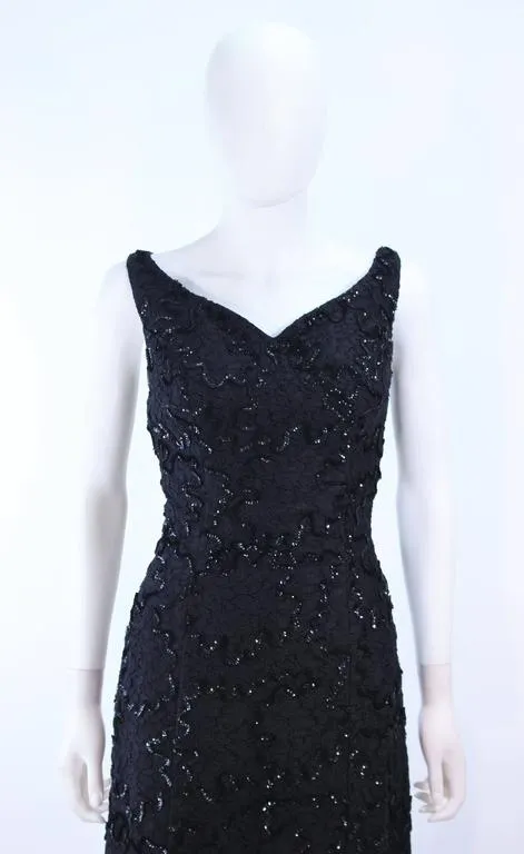 VINTAGE Circa 1960s Black Sequin Lace Gown Size 10