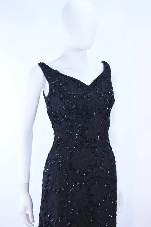 VINTAGE Circa 1960s Black Sequin Lace Gown Size 10