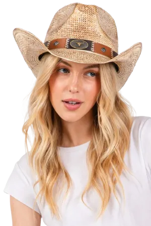 Vintage Cowboy Hat with Western Bull and Stud Faux Leather Band Brown - Pack of 6