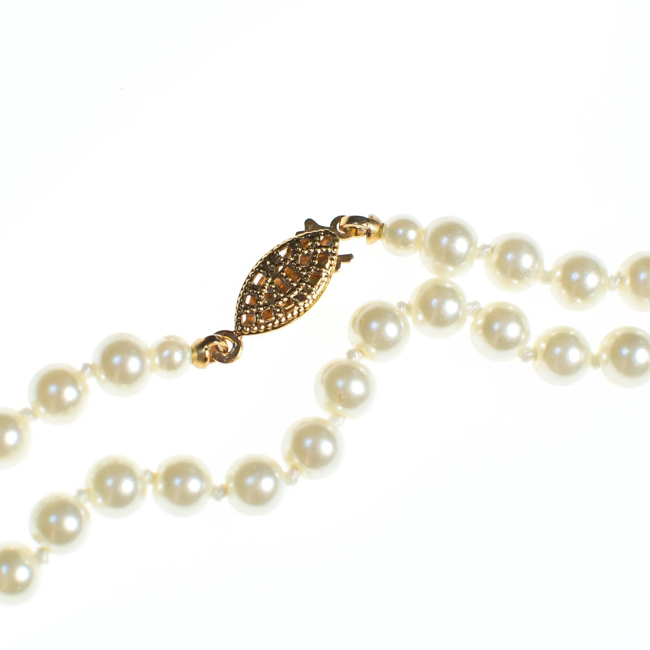 Vintage Faux Creamy Ivory Long Pearl Necklace, Gold Tone Hook/Slide Clasp