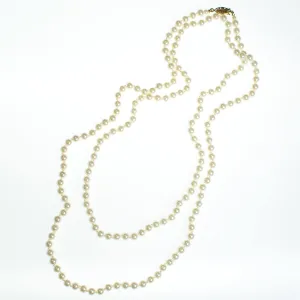 Vintage Faux Creamy Ivory Long Pearl Necklace, Gold Tone Hook/Slide Clasp