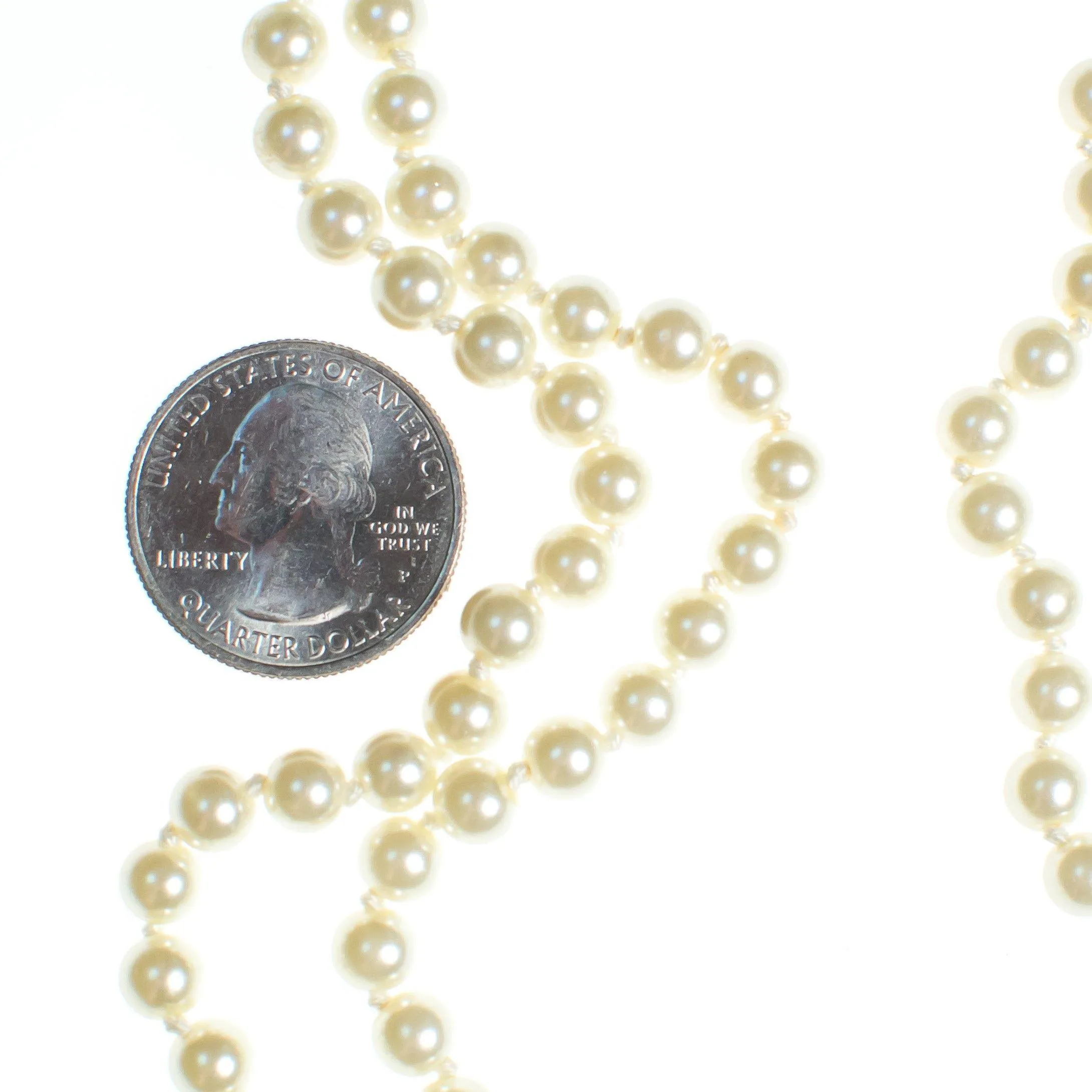 Vintage Faux Creamy Ivory Long Pearl Necklace, Gold Tone Hook/Slide Clasp