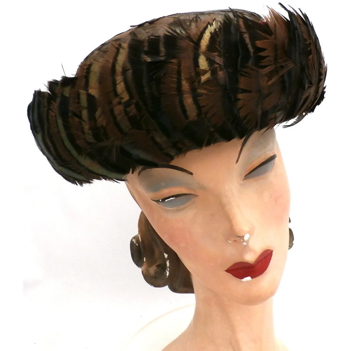 Vintage Ladies Hat Iridescent Turkey Feathers Brown Orange Green 1950s