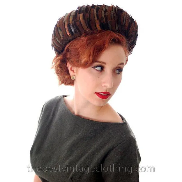 Vintage Ladies Hat Iridescent Turkey Feathers Brown Orange Green 1950s