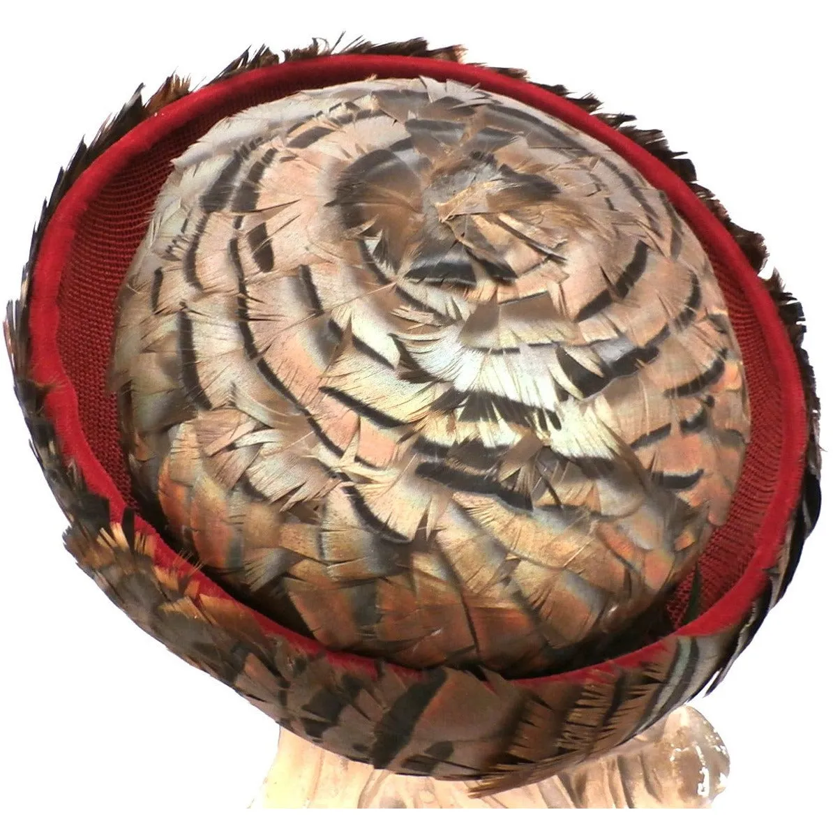 Vintage Ladies Hat Iridescent Turkey Feathers Brown Orange Green 1950s