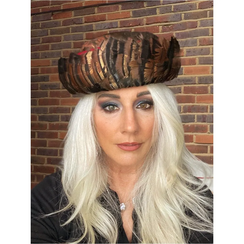 Vintage Ladies Hat Iridescent Turkey Feathers Brown Orange Green 1950s