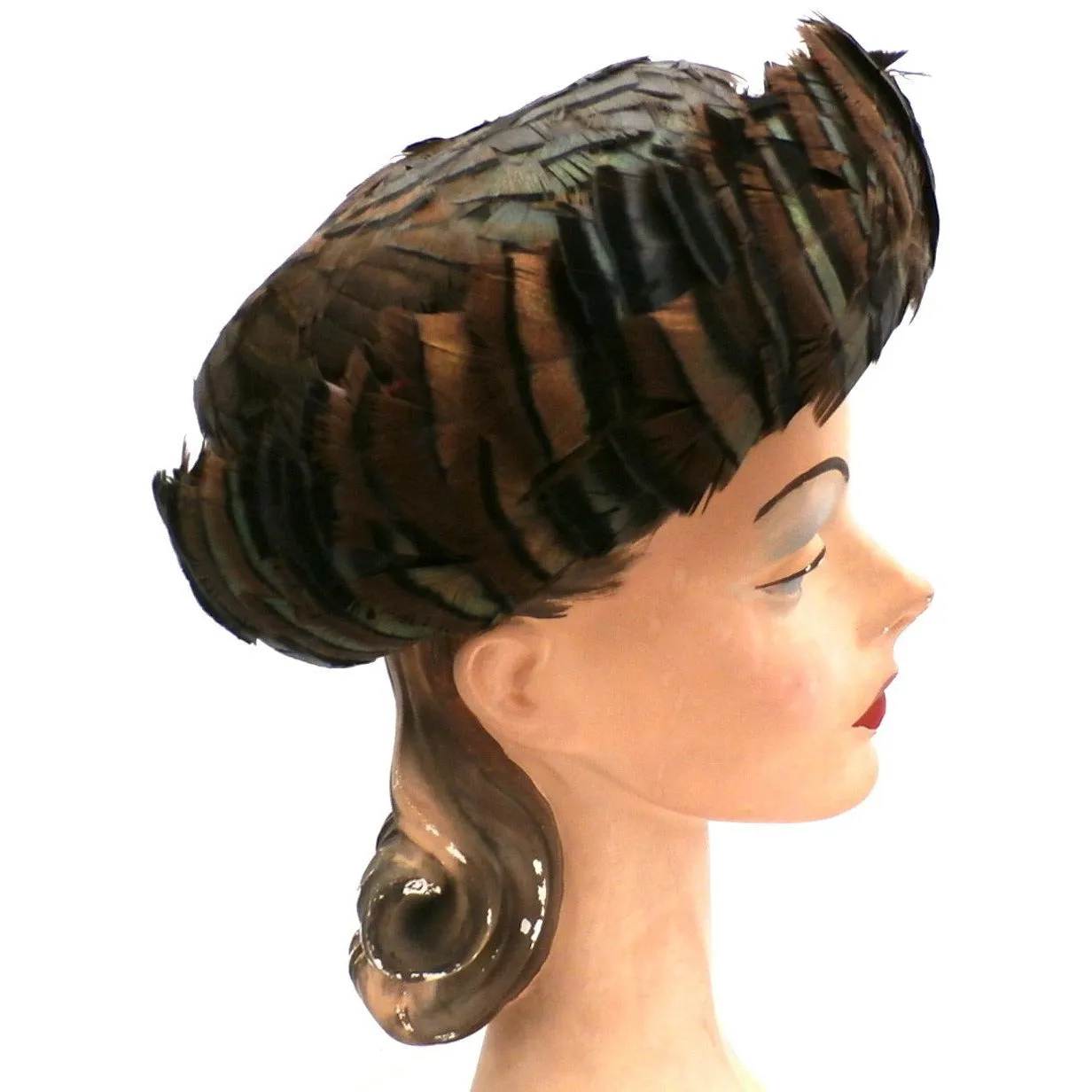 Vintage Ladies Hat Iridescent Turkey Feathers Brown Orange Green 1950s
