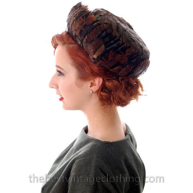 Vintage Ladies Hat Iridescent Turkey Feathers Brown Orange Green 1950s
