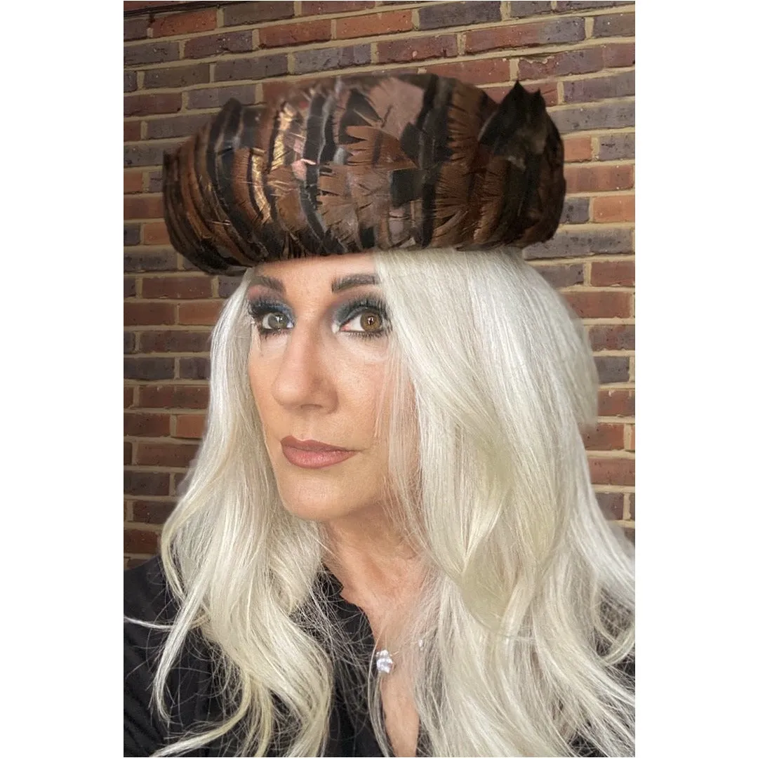 Vintage Ladies Hat Iridescent Turkey Feathers Brown Orange Green 1950s