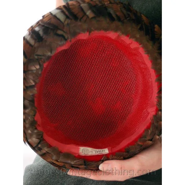 Vintage Ladies Hat Iridescent Turkey Feathers Brown Orange Green 1950s