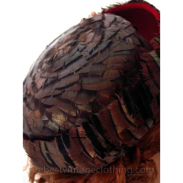 Vintage Ladies Hat Iridescent Turkey Feathers Brown Orange Green 1950s