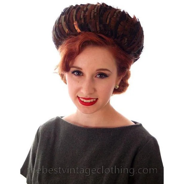 Vintage Ladies Hat Iridescent Turkey Feathers Brown Orange Green 1950s