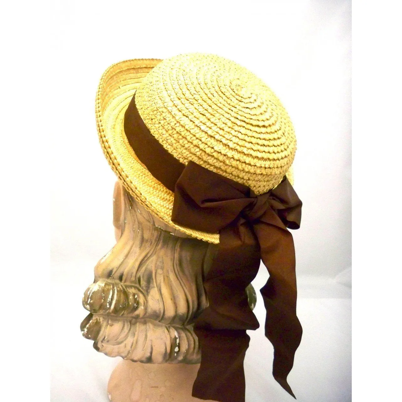 Vintage Ladies Hat Natural Straw w/Brown Ribbons 1940s