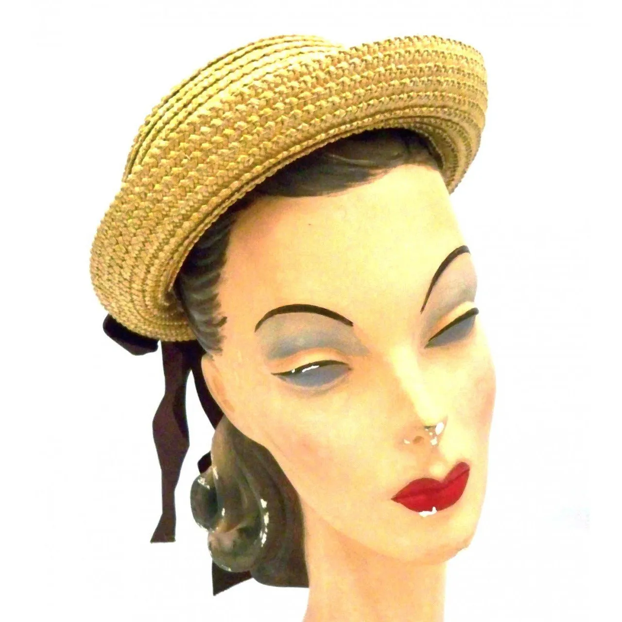 Vintage Ladies Hat Natural Straw w/Brown Ribbons 1940s