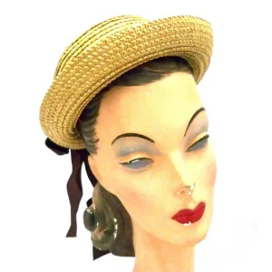 Vintage Ladies Hat Natural Straw w/Brown Ribbons 1940s