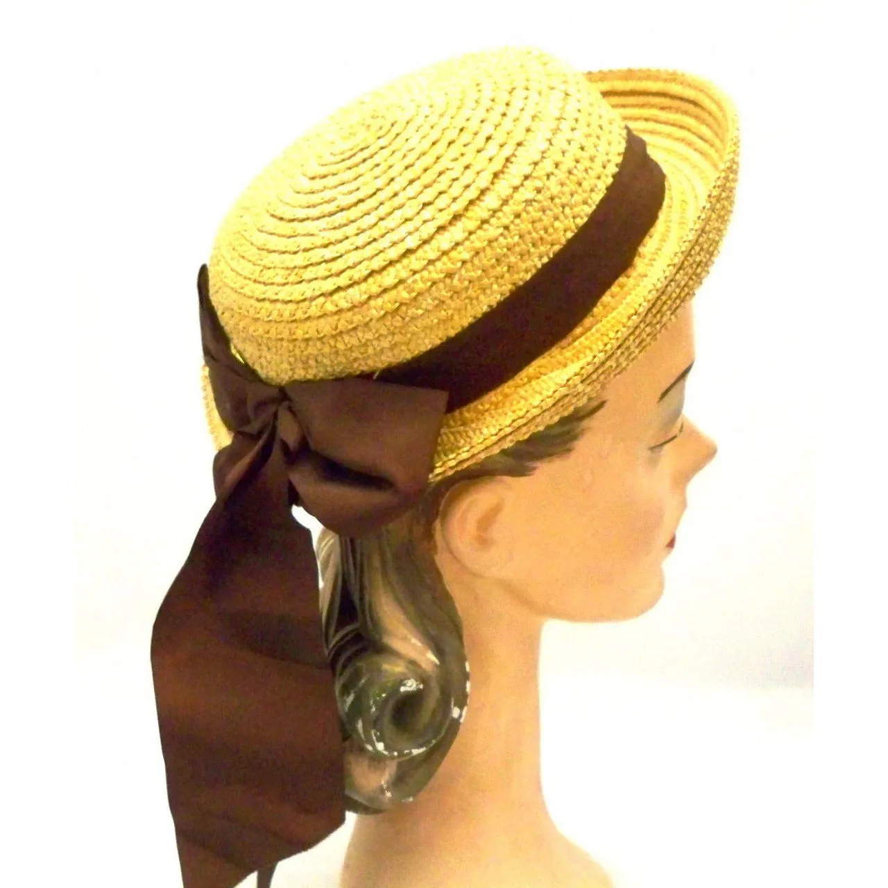 Vintage Ladies Hat Natural Straw w/Brown Ribbons 1940s