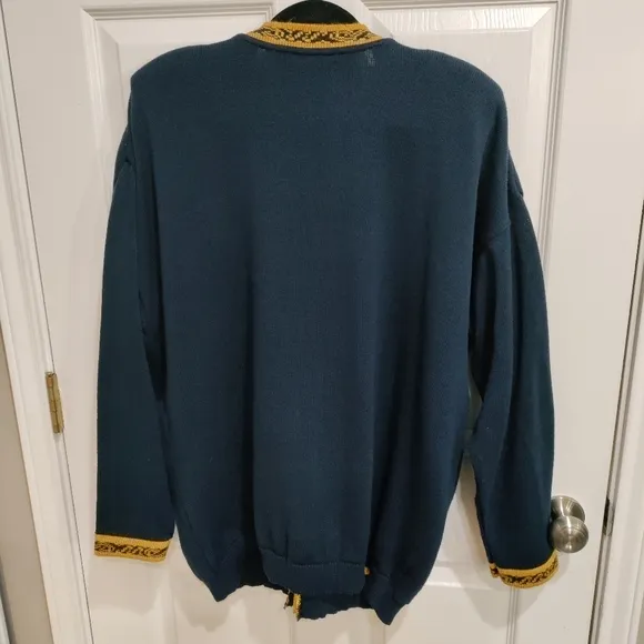 Vintage Maggie McNaughton women's blue cardigan red gold around opening …