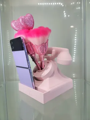 Vintage Pink Rotary Phone Retro Vanity & Home Decor Makeup Organizer Brush Holder