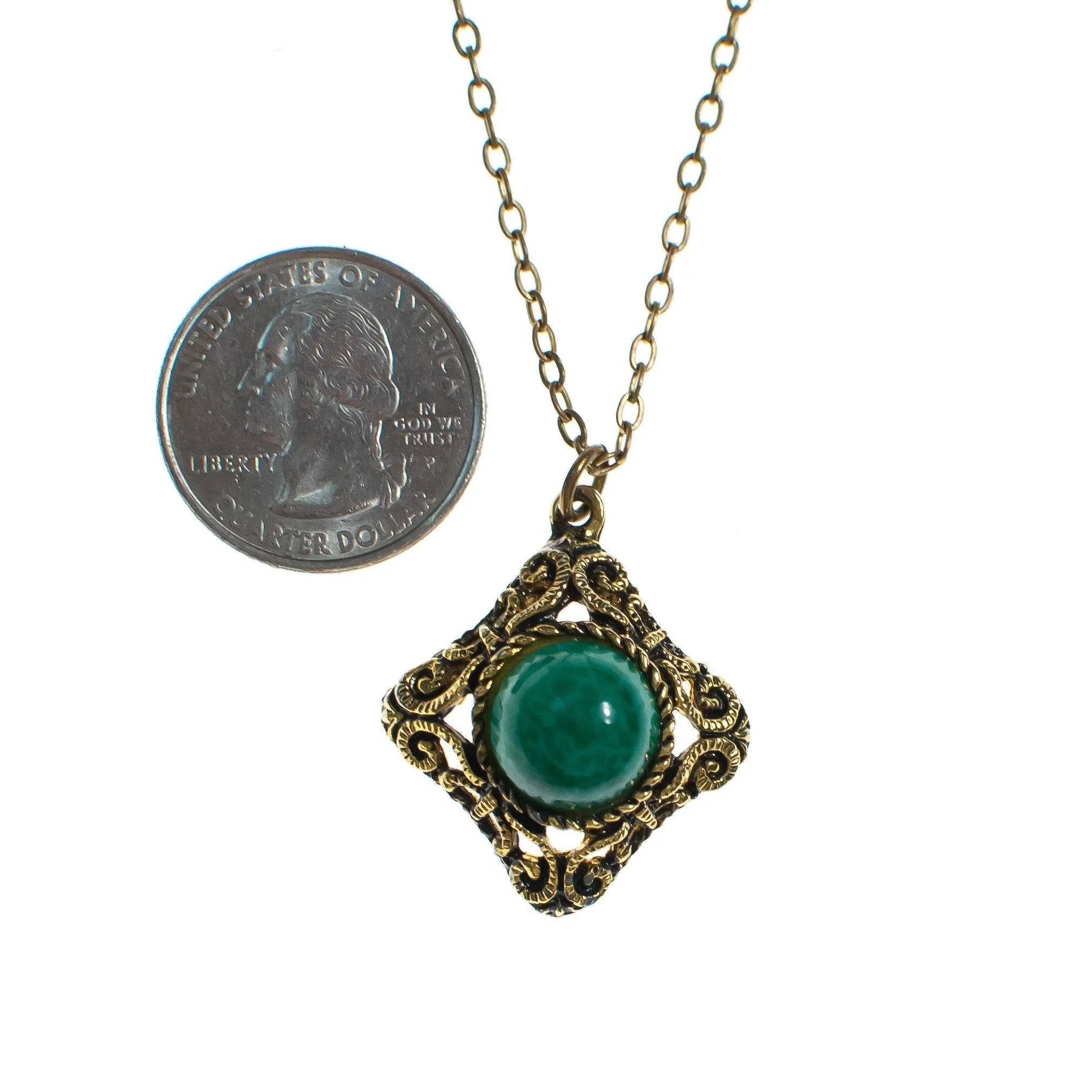 Vintage Speckled Jade Art Glass Renaissance Style Pendant Necklace