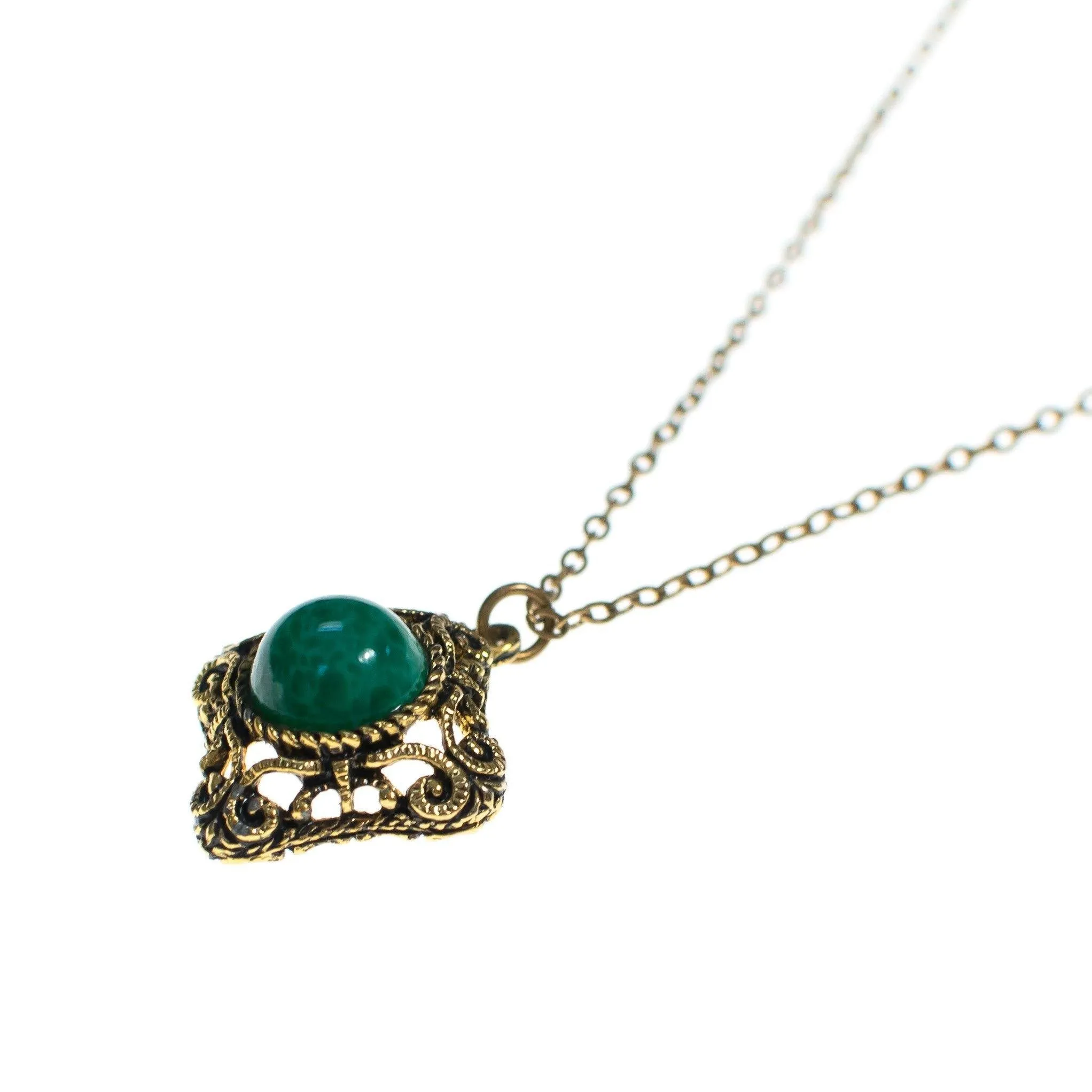 Vintage Speckled Jade Art Glass Renaissance Style Pendant Necklace