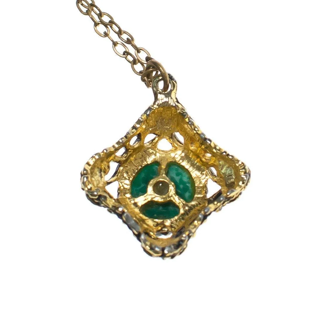 Vintage Speckled Jade Art Glass Renaissance Style Pendant Necklace