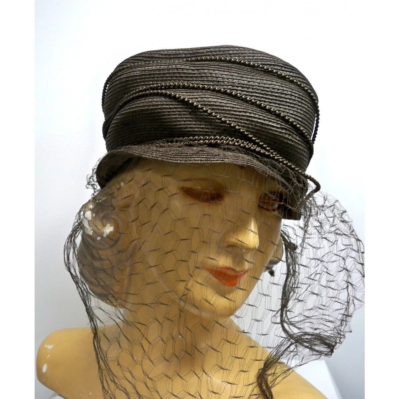 Vintage Straw Toque Hat Taupe Creations De Lorelie 1940s Dramatic