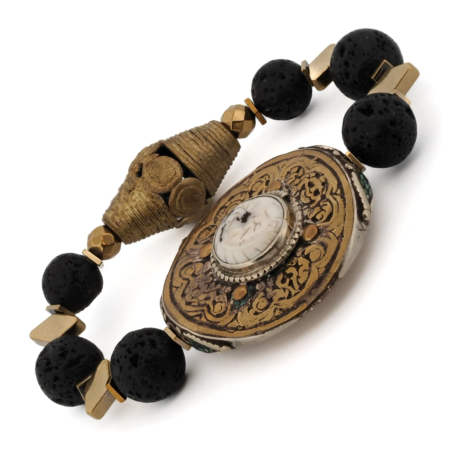 Vintage Style Chunky Tibetan Black Lava Stone Beaded Bracelet