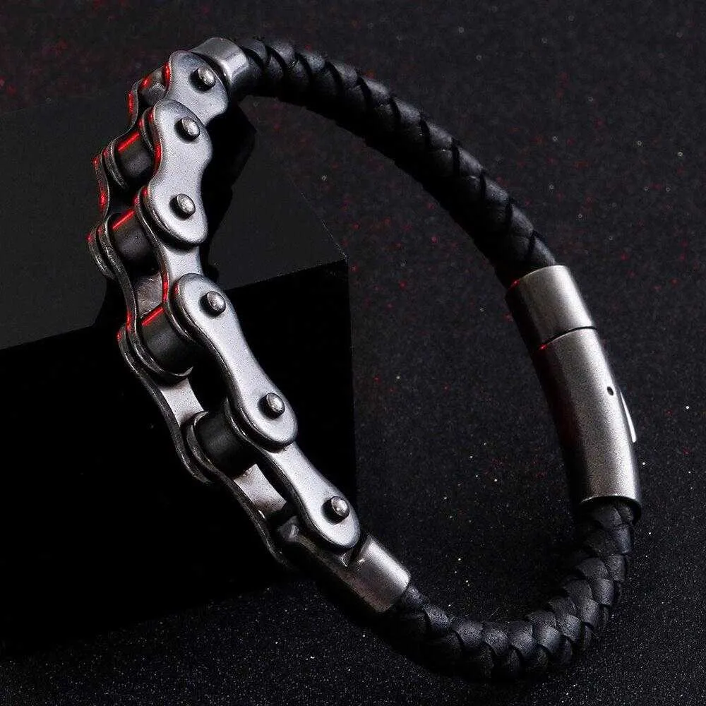 Vintage Style Leather Bike Chain Bracelet