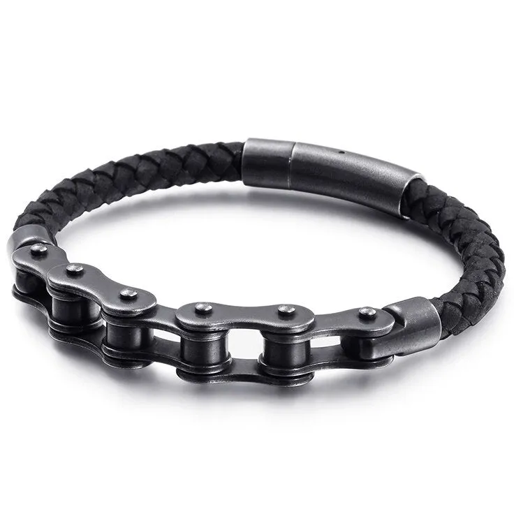 Vintage Style Leather Bike Chain Bracelet