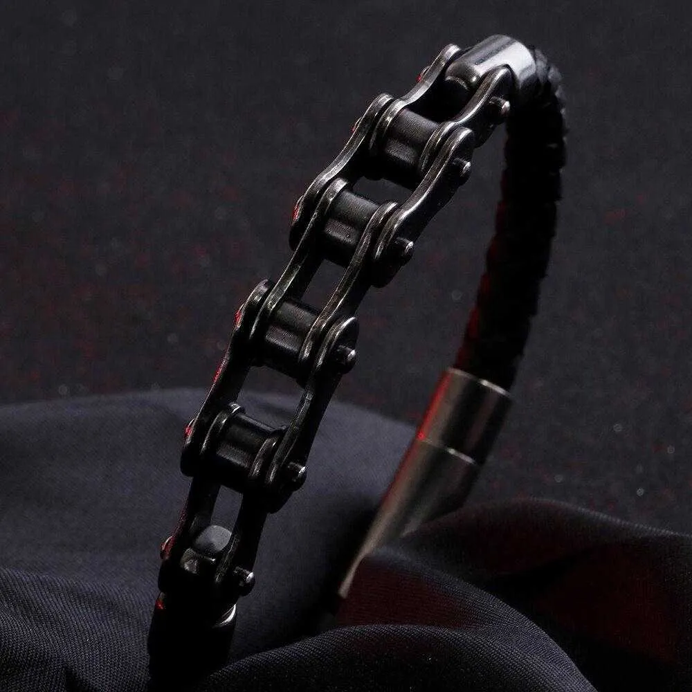 Vintage Style Leather Bike Chain Bracelet