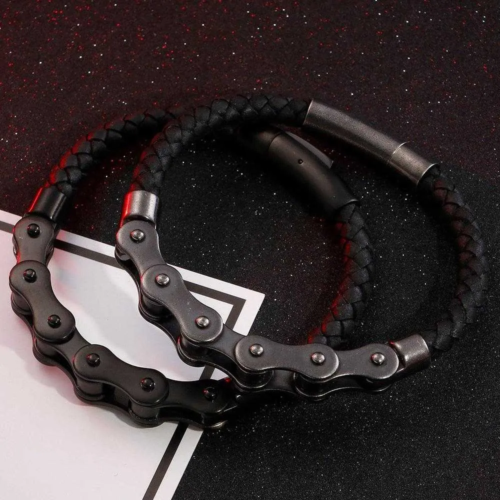Vintage Style Leather Bike Chain Bracelet
