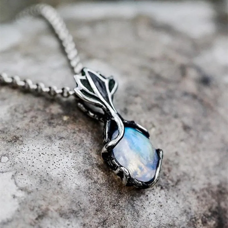 Vintage Style Silver Moonstones Floral Necklaces