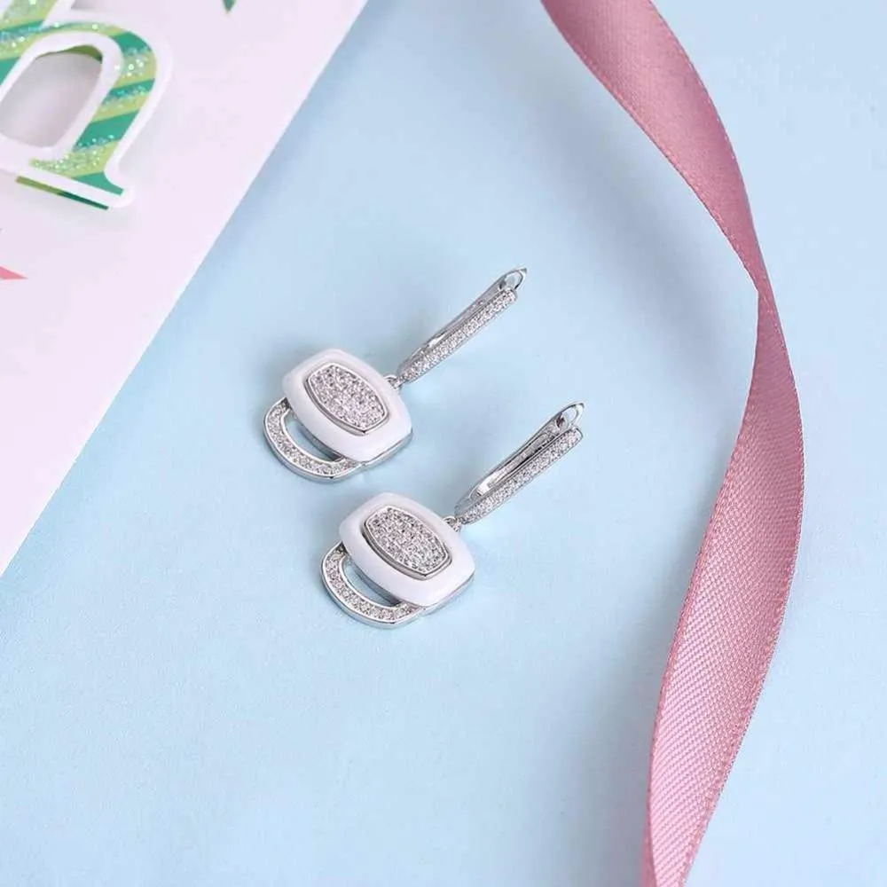 White Ceramic 925 Sterling Silver Crystals Drop Dangle Earrings Female Fine Jewelry Wedding Accessories Gift