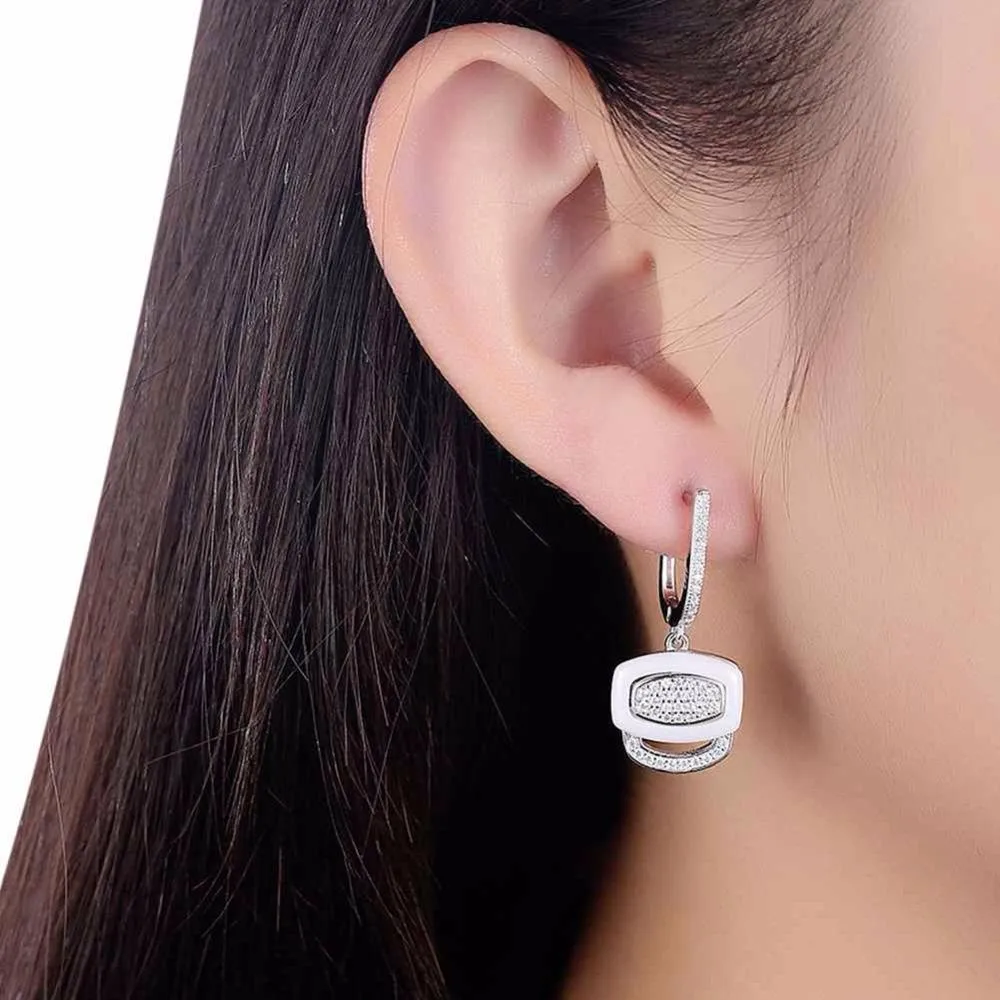 White Ceramic 925 Sterling Silver Crystals Drop Dangle Earrings Female Fine Jewelry Wedding Accessories Gift