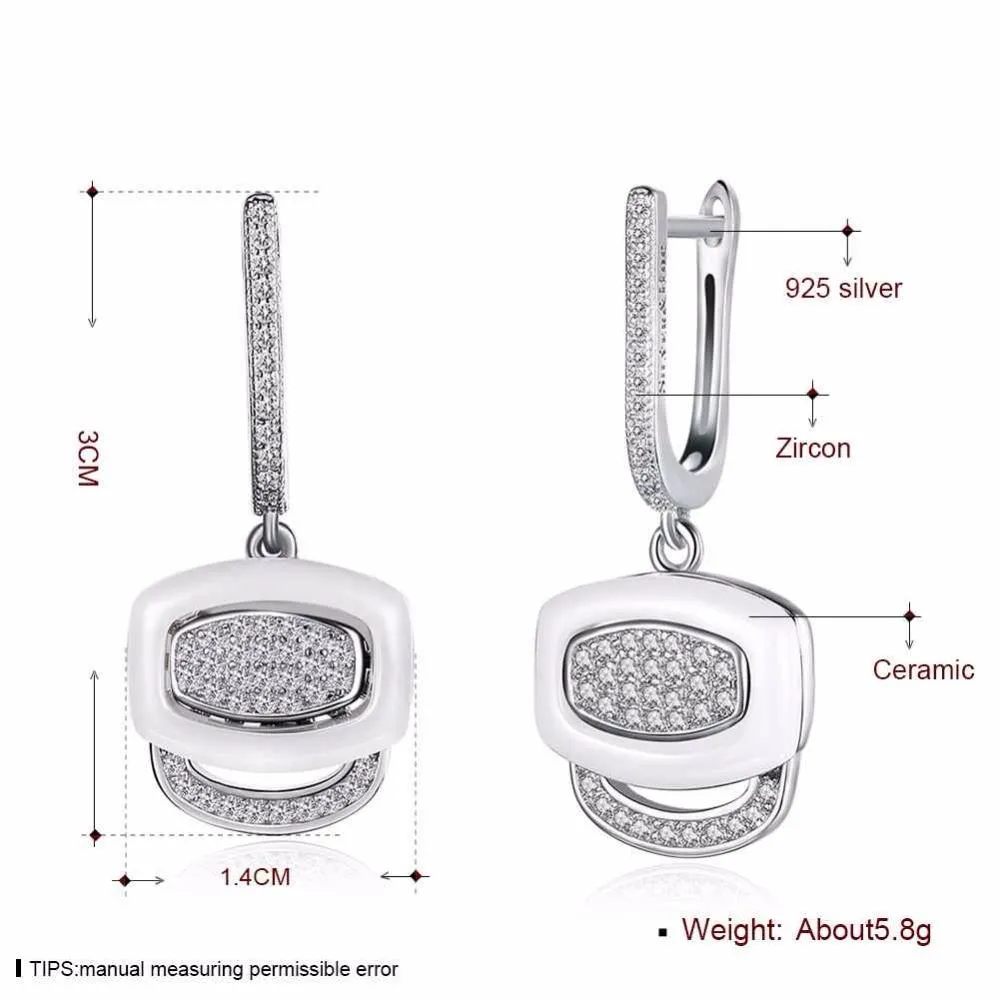 White Ceramic 925 Sterling Silver Crystals Drop Dangle Earrings Female Fine Jewelry Wedding Accessories Gift