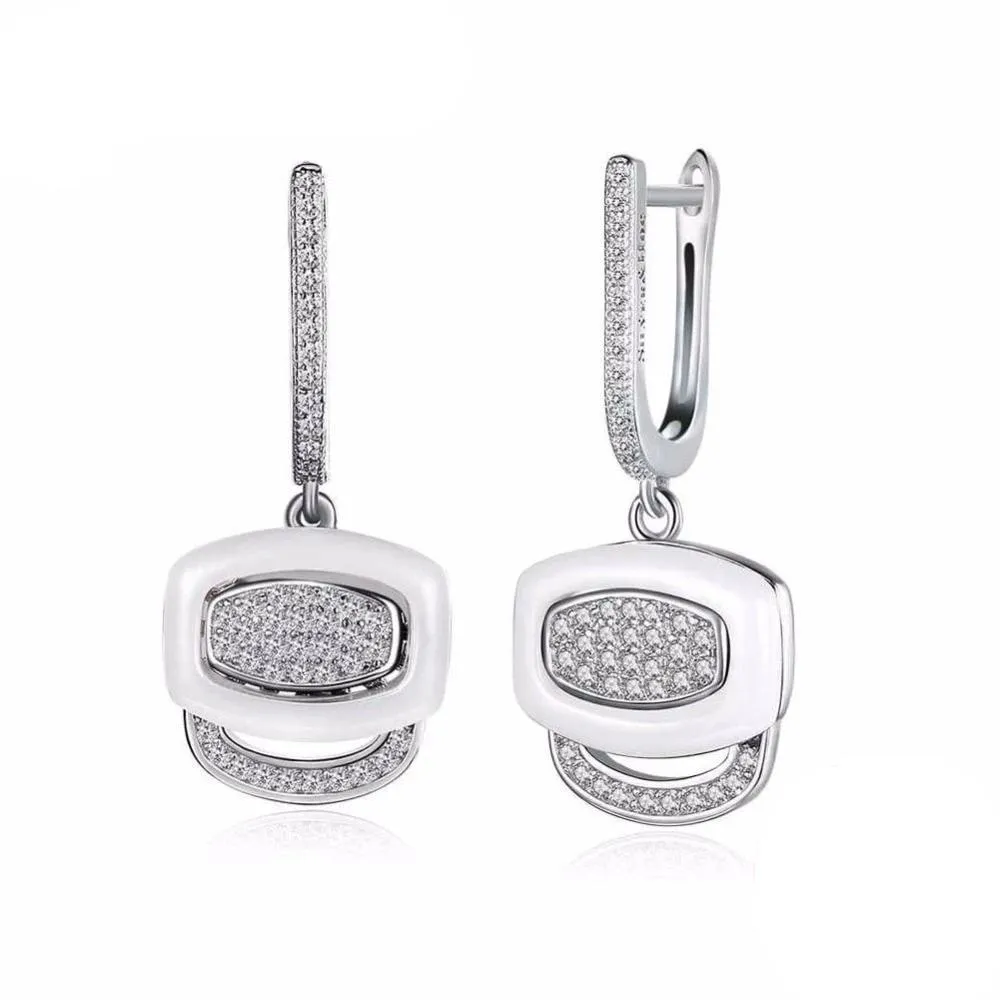 White Ceramic 925 Sterling Silver Crystals Drop Dangle Earrings Female Fine Jewelry Wedding Accessories Gift