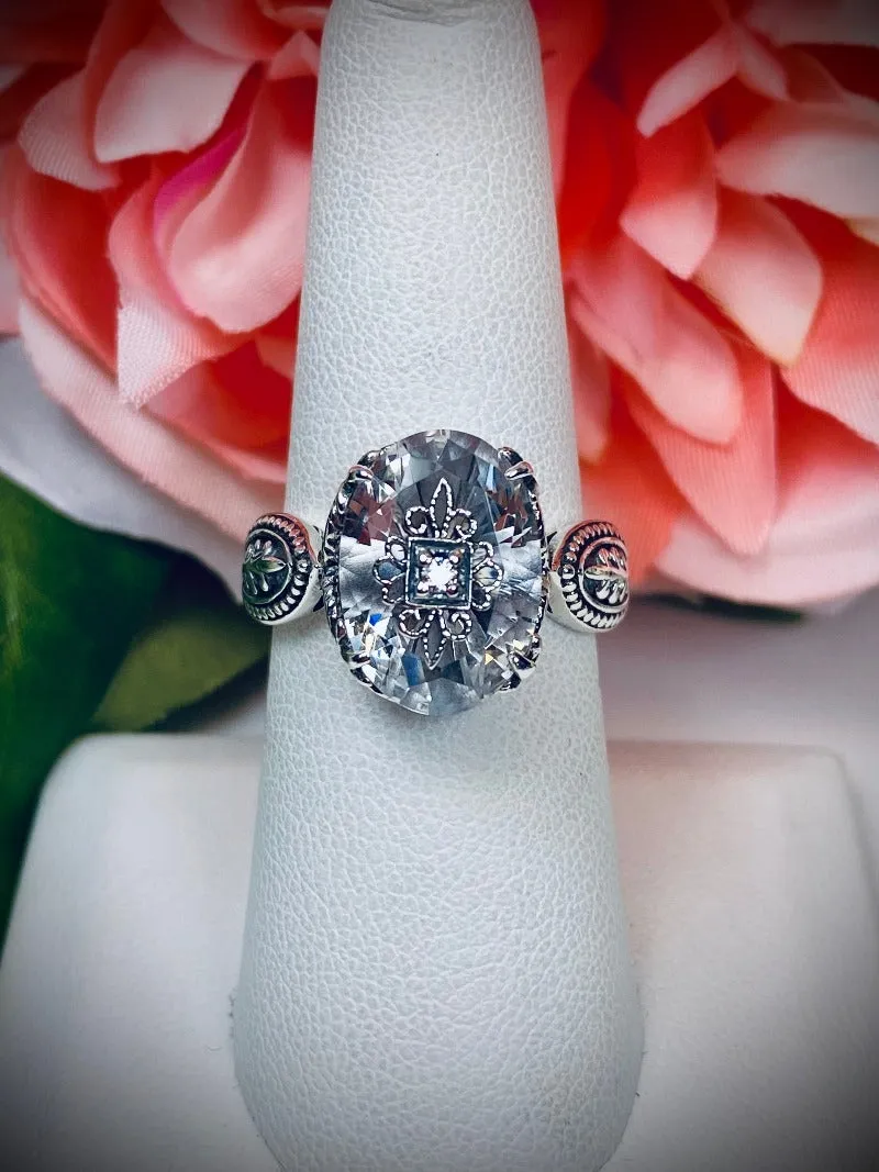 White CZ Gothic Ring, Embellished Gemstone, Dragon Filigree, Vintage Jewelry Design#D133e